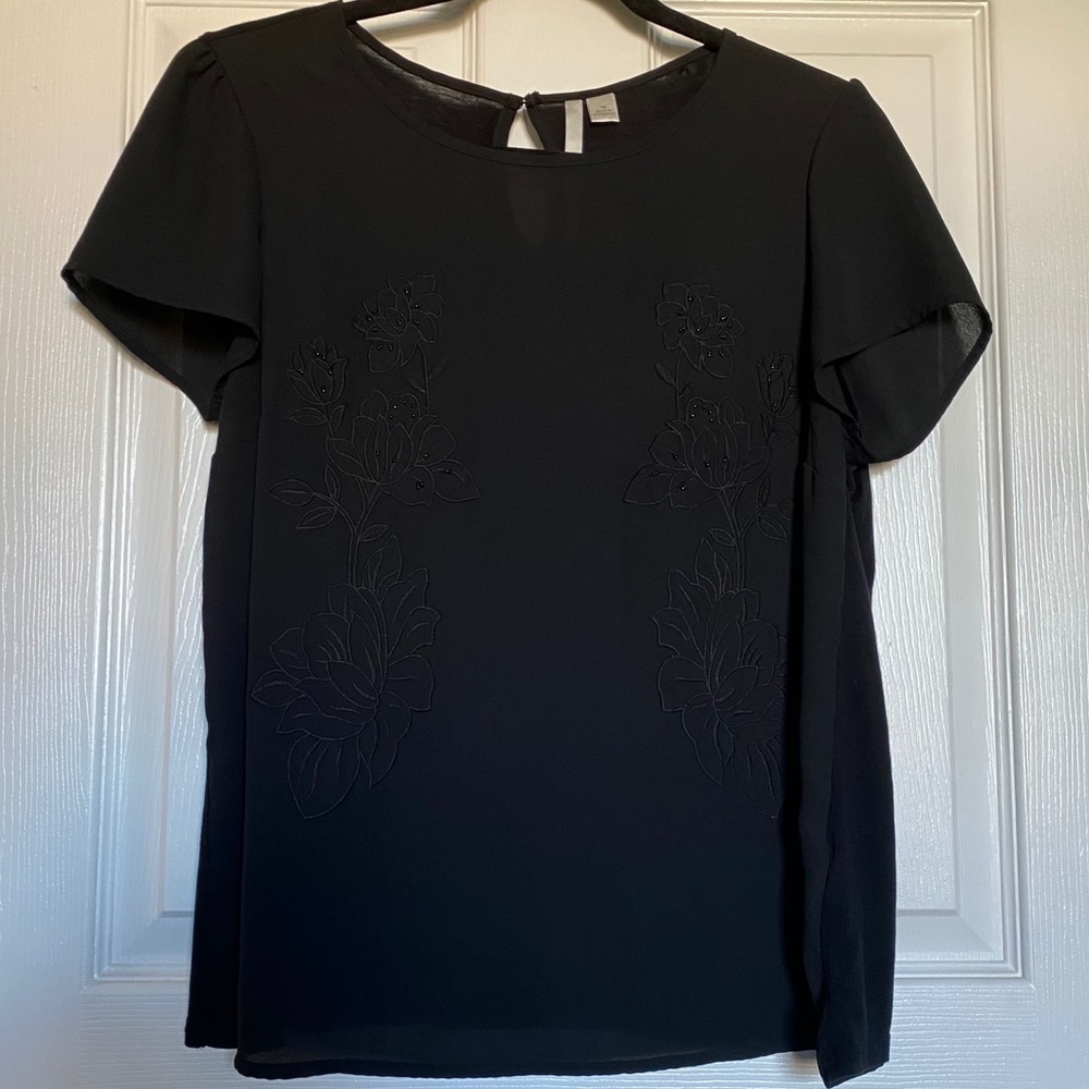 LC Lauren Conrad Black Floral Embroidered Top